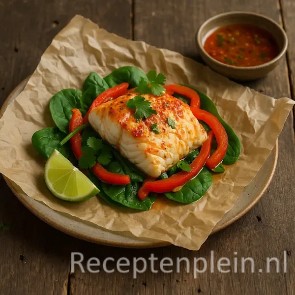Een kabeljauwfilet gegaard in bakpapier, geserveerd met spinazie, rode paprika, koriander en een pittige saus, op een rustieke houten tafel met een partje limoen.