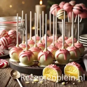 Ronde Tompouce cakepops met een witte chocoladelaag en roze glazuur, deels rechtop in een pot en deels op een bord met kruimels, op een rustieke houten tafel, met één cakepop half gegeten zodat de vulling zichtbaar is.