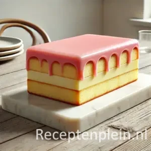 Een eenvoudige tompoucecake met roze glazuur, luchtige cake en romige vulling, geserveerd op een marmeren plank op een rustieke houten tafel met een rustige achtergrond en natuurlijk daglicht.