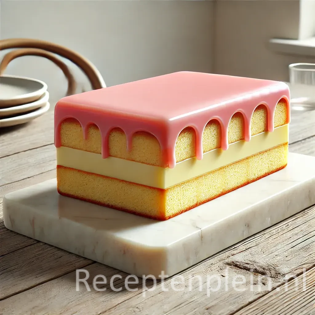 Een eenvoudige tompoucecake met roze glazuur, luchtige cake en romige vulling, geserveerd op een marmeren plank op een rustieke houten tafel met een rustige achtergrond en natuurlijk daglicht.