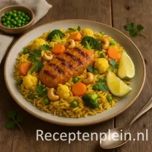 Een bord met goudgele kruidige rijst, rijkelijk gevuld met broccoli, bloemkool, wortel, doperwten en cashewnoten, gegarneerd met koriander en citroenpartjes. Geserveerd met een gegrild groenteballetje op een rustieke houten tafel.