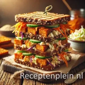 Een driedubbele volkoren clubsandwich gevuld met sticky tempeh, pittige koolsla en ingelegde komkommer, vastgezet met een prikker en bestrooid met sesamzaad, geserveerd op een rustieke houten tafel.