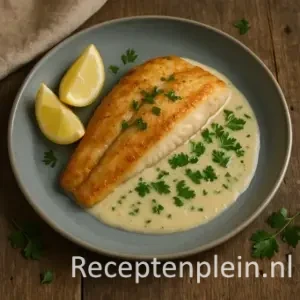 Een gebakken witvisfilet geserveerd met een romige saus op basis van visfond, witte wijn en citroen, gegarneerd met peterselie en citroenpartjes op een blauwgrijs bord boven een rustieke houten tafel.
