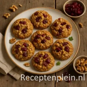 Een bord met zes havermoutkoekjes gevuld met cranberries en walnoten, geserveerd op een rustieke houten tafel met schaaltjes gedroogde vruchten en noten ernaast, sfeervol belicht met zacht natuurlijk licht.