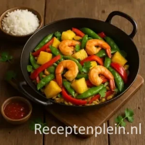Een kleurrijke wokschotel met sappige garnalen, ananas, rode paprika en sugar snaps, geserveerd in een gietijzeren wok op een houten tafel, vergezeld van rijst, chilisaus en verse koriander.