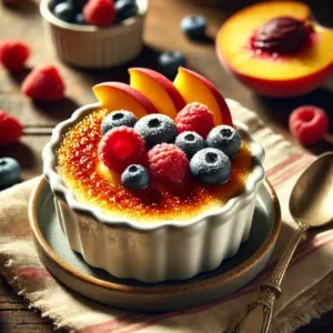 Frisse crème brûlée met yoghurt, afgewerkt met een goudbruine gekarameliseerde suikerlaag en gegarneerd met zomerfruit zoals frambozen, bosbessen en perzik. Geserveerd in een keramisch ramekin met lepel ernaast, in een lichte zomerse setting.