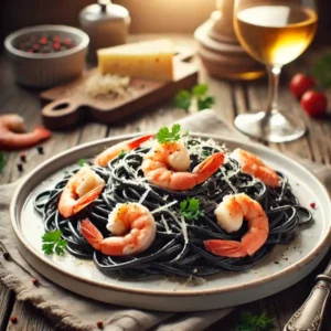 Zwarte inktvispasta geserveerd met een romige garnalensaus, belegd met roze garnalen, verse peterselie en een snufje geraspte kaas. Geserveerd op een wit keramisch bord met een glas witte wijn op de achtergrond, in warm natuurlijk licht.