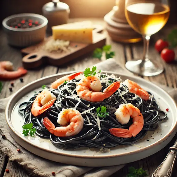 Zwarte inktvispasta geserveerd met een romige garnalensaus, belegd met roze garnalen, verse peterselie en een snufje geraspte kaas. Geserveerd op een wit keramisch bord met een glas witte wijn op de achtergrond, in warm natuurlijk licht.