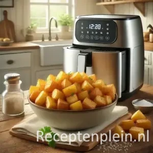 Goudbruine aardappelblokjes uit de airfryer, geserveerd in kom met zout en peterselie op houten tafel.