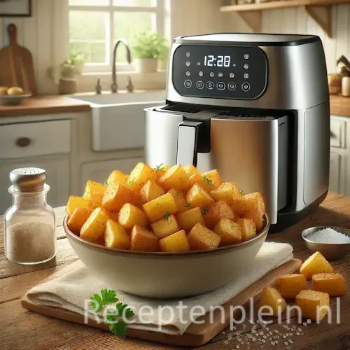 Goudbruine aardappelblokjes uit de airfryer, geserveerd in kom met zout en peterselie op houten tafel.