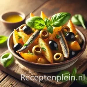 Geroosterde aardappelpartjes met olijven, ansjovis en verse basilicum in kom op houten tafel met olijfolie.