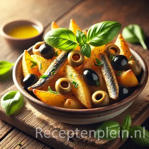 Geroosterde aardappelpartjes met olijven, ansjovis en verse basilicum in kom op houten tafel met olijfolie.