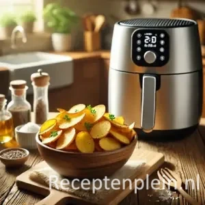 Knapperige aardappelschijfjes uit de airfryer, geserveerd in kom met zout en kruiden op houten tafel.