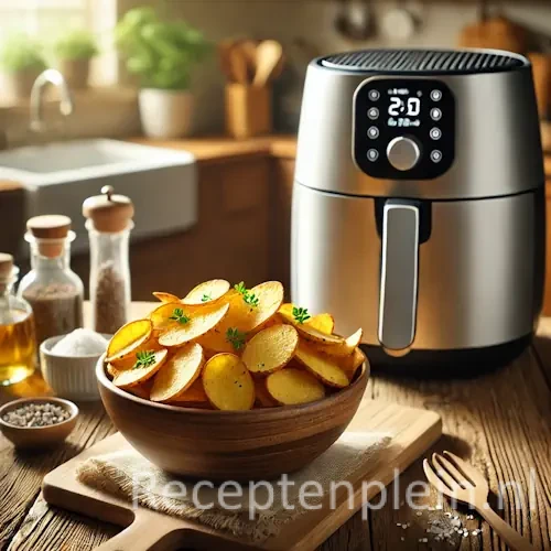 Knapperige aardappelschijfjes uit de airfryer, geserveerd in kom met zout en kruiden op houten tafel.
