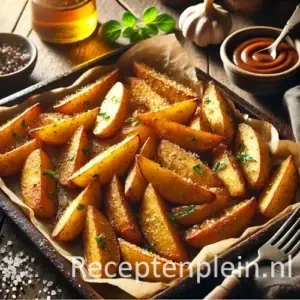 Goudbruine aardappelpartjes op bakplaat met olijfolie en kruiden op houten tafel in warm daglicht.