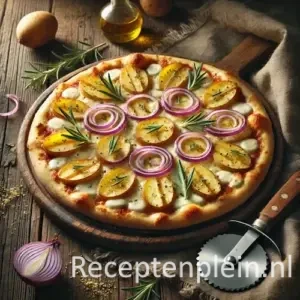 Dunne pizza met aardappelschijfjes, mozzarella, rode ui en rozemarijn op houten tafel met pizzasnijder.