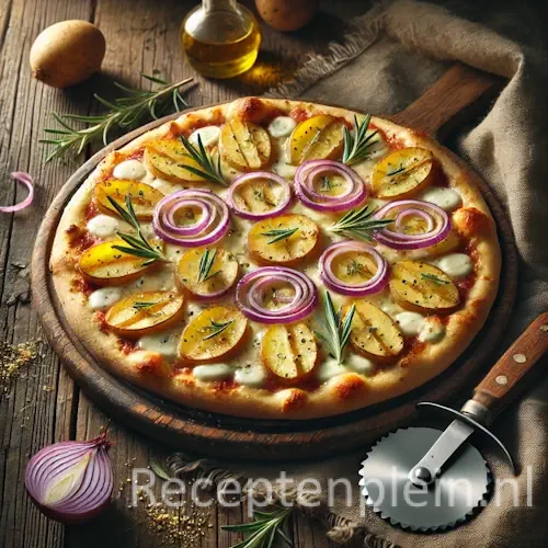 Dunne pizza met aardappelschijfjes, mozzarella, rode ui en rozemarijn op houten tafel met pizzasnijder.