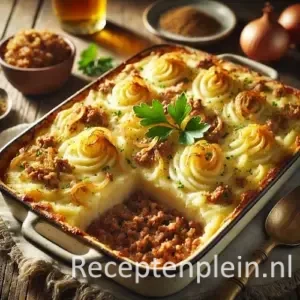 Ovenschotel met laag gehakt en romige aardappelpuree, goudbruin gebakken met peterselie op houten tafel.