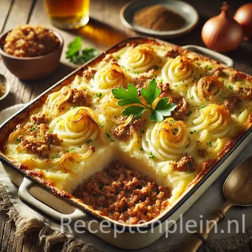 Ovenschotel met laag gehakt en romige aardappelpuree, goudbruin gebakken met peterselie op houten tafel.