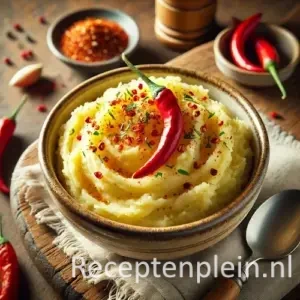 Romige aardappelpuree met rode peper en kruiden in kom op houten tafel met schaaltje chilivlokken.