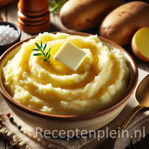 Kom luchtige aardappelpuree met boter en peper, geserveerd op houten tafel met lepel en aardappelschilletjes.