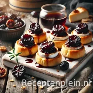 Kleine bladerdeeghapjes met gesmolten brie en warme portpruimen op houten tafel, feestelijk gepresenteerd.