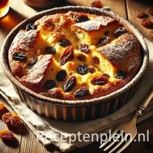 Belgische broodpudding met rozijnen en poedersuiker in ovenschaal op houten tafel met vork ernaast.