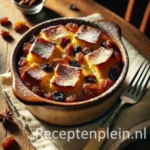 Belgische broodpudding met rozijnen en poedersuiker in ovenschaal op houten tafel met warme belichting.