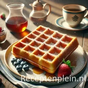 Goudbruine Belgische broodwafels met poedersuiker en siroop op houten tafel met bessen.