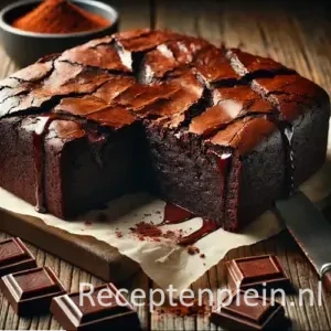 Fudgy brownie cake met gebarsten korst en stukjes chocolade op houten tafel in warme sfeer.