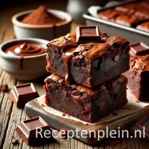Brownies met smeuïge kern, in blokjes gesneden met gesmolten chocoladestukjes op houten tafel.