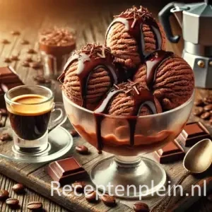 Bollen chocolade-ijs met glanzende koffie-chocoladesaus in glazen kom op houten tafel met espresso.
