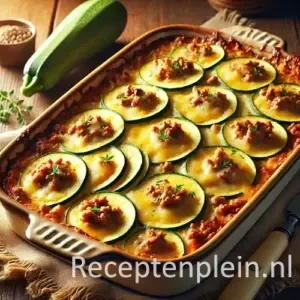 Ovenschotel met courgette, rundergehakt en goudbruine Emmentaler kaas op houten tafel.