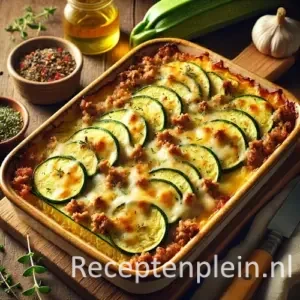 Goudbruine ovenschotel met courgette, gehakt en gesmolten kaas in keramische schaal op houten tafel.