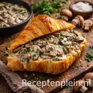 Croissant met romige kastanjechampignons op een rustieke houten tafel, uitgezoomd met verse champignons en kruiden ernaast