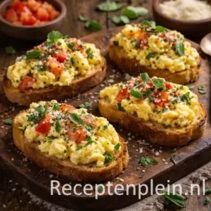 Crostini met Italiaans roerei op een rustieke houten tafel, uitgezoomd met tomaat, Parmezaan en verse kruiden ernaast