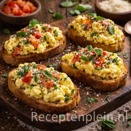 Crostini met Italiaans roerei op een rustieke houten tafel, uitgezoomd met tomaat, Parmezaan en verse kruiden ernaast