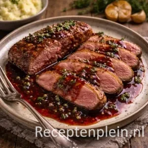 Eendenborstfilet met rode portsaus en groene peperkorrels op een rustieke houten tafel, uitgezoomd met aardappelpuree en verse kruiden ernaast