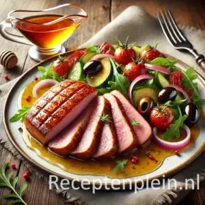 Eendenborst met krokante huid en honingjus, geserveerd met mediterrane salade van tomaat, olijf en rucola.