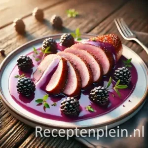 Eendenborst met krokante huid en romige bramensaus, geserveerd met verse bramen en kruiden op wit bord.
