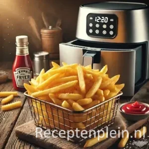 Goudbruine dikke frietjes uit de airfryer in mandje met ketchup en zout op houten tafel.