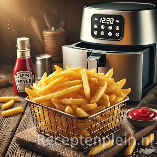 Goudbruine dikke frietjes uit de airfryer in mandje met ketchup en zout op houten tafel.