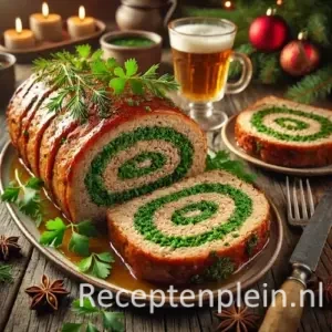 Gehaktrol met groene kruidenvulling, in plakken gesneden en geserveerd op houten tafel met jus en verse kruiden.