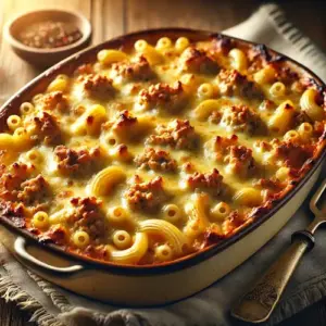 Ovenschotel met gebakken macaroni, gehakt en romige kaaslaag, goudbruin gegratineerd op houten tafel.