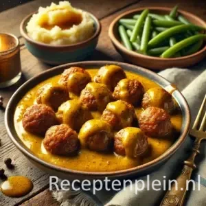 Kleine gehaktballen in romige mosterdsaus met cacao, geserveerd met aardappelpuree en sperziebonen op houten tafel.