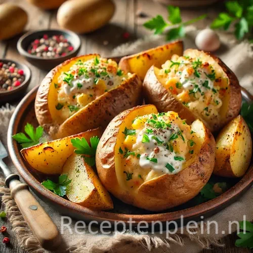Gepofte aardappelen gevuld met zure room, kruiden en groenten op rustiek bord op houten tafel.