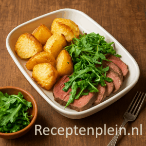 Italiaans gerecht met goudbruine geroosterde aardappelen, malse runderhaasplakjes en verse rucola in een witte ovenschaal op een houten tafel.