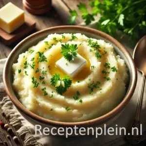 Kom romige aardappelpuree met boter en verse kruiden op houten tafel met lepel en peterselie.