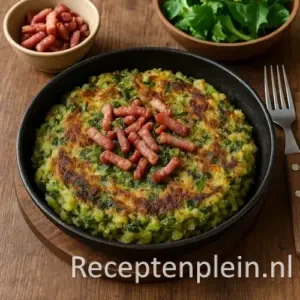 Catalaanse stamppot met groene kool en spekjes in een gietijzeren pan op een rustieke houten tafel, met een kom sla en een vork ernaast.