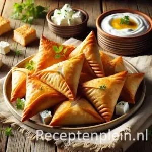 Goudbruine feta driehoekjes uit de airfryer op bord met yoghurtdip en verse kruiden.